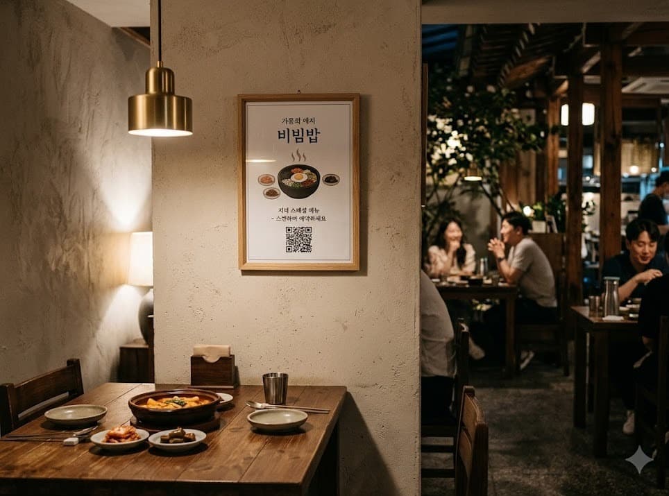 식당 벽면에 걸린 QR 광고 액자와 식사 테이블